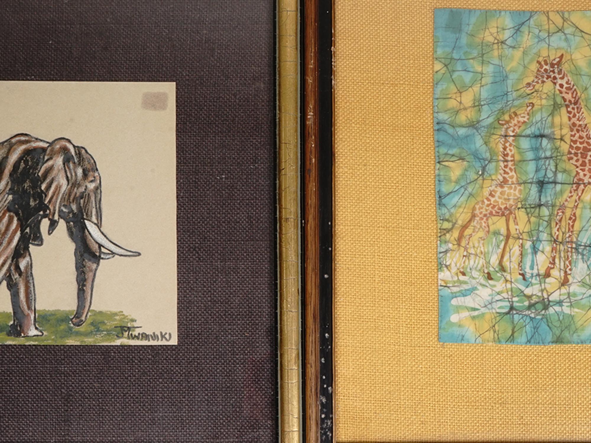 TWO FRAMED DRAWINGS ELEPHANT AND GIRAFFES SIGNED PIC-1